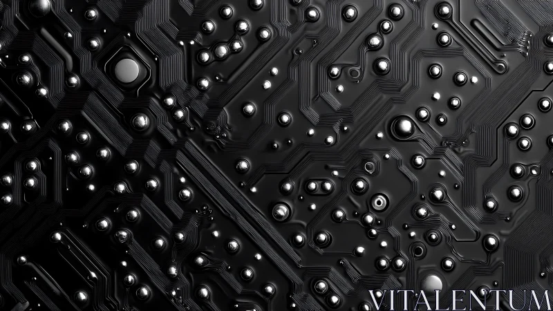 Dark metallic circuit board glows with polished chrome nodes