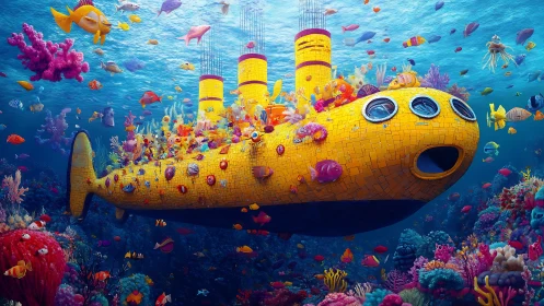 Yellow mosaic submarine amid vibrant tropical reef life.