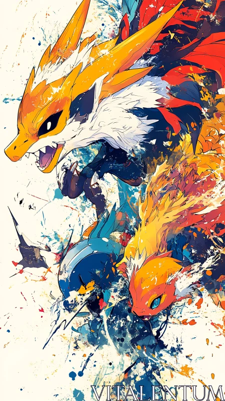 Dynamic elemental creatures rendered in expressive anime ink