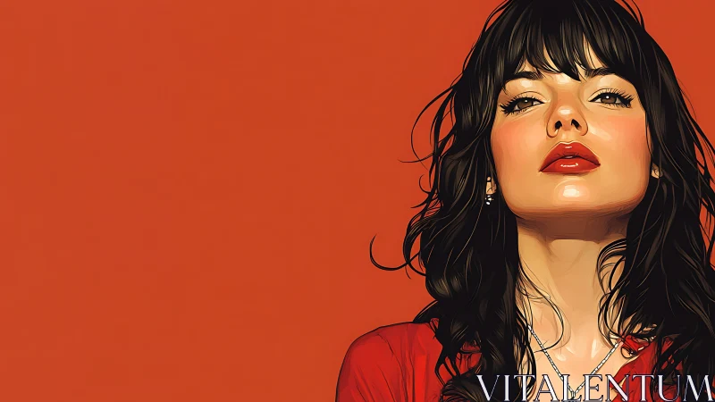 Woman in red shirt illustrated against flat orange background