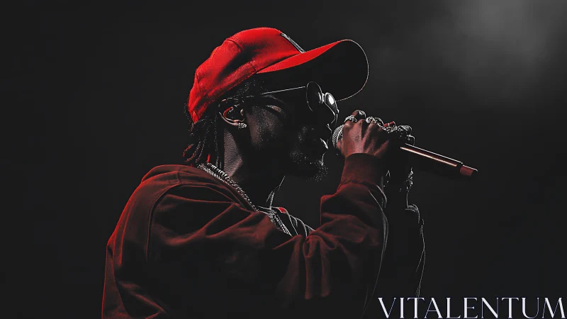 Hip hop vocalist in red cap under dramatic stage lighting.