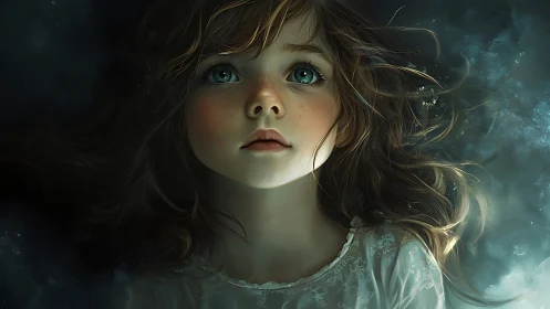 Digital portraiture rendering of luminous-eyed juvenile subject with volumetric hair dynamism and at