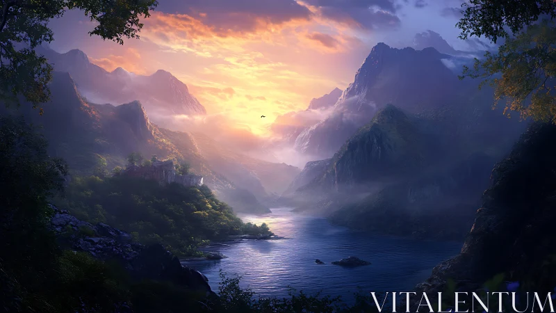 Sunlit mist pours through fantasy mountains over lake valley