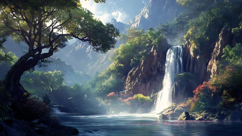 Peaceful waterfall haven embraced by glowing forest light.