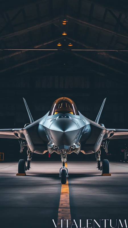 Sleek stealth jet poised in a softly lit night hangar.