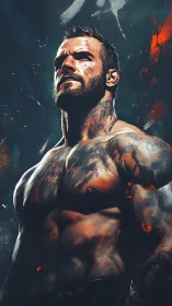 High contrast digital painting of muscular bearded warrior torso