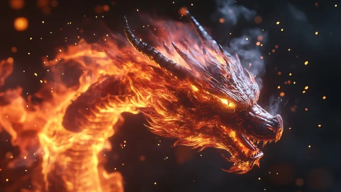 Fiery serpentine dragon head rendered in glowing detail.