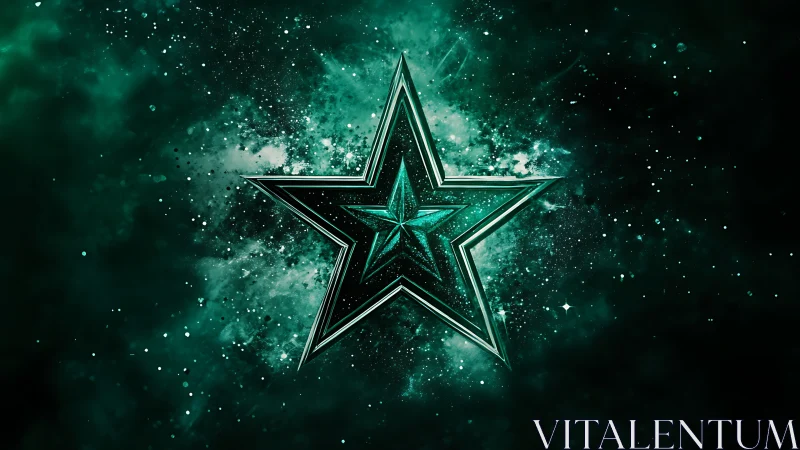 Emerald cosmic star emblem glows in deep galactic void.