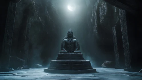 Stone Buddha statue in moonlit cavern interior at night.