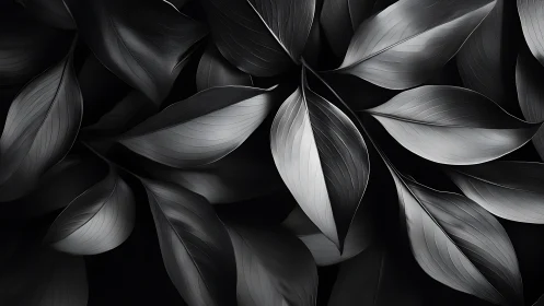 Monochrome botanical leaves form layered abstract surface