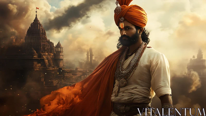 Storm-wreathed warrior prince guards smoldering temple skies.