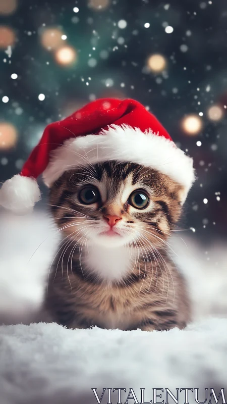 Snowy Christmas kitten gazes up with soft, hopeful wonder