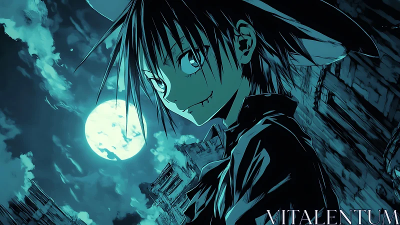 Nocturnal anime rogue under cyan moonlit ruins composition.