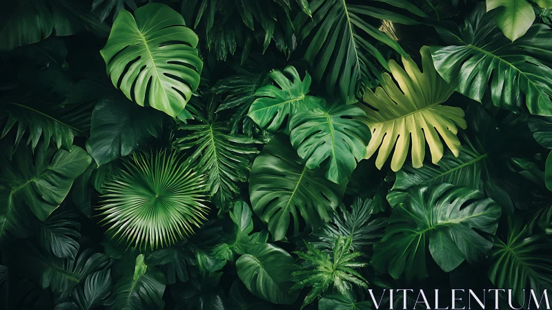 Dense overlapping tropical foliage with varied green leaves.