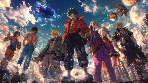 Skyline heroes gathering under a glowing cosmic horizon.