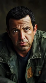 Brooding man in worn jacket stares ahead in moody portrait