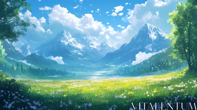 Mountain valley landscape with meadow, lake and clouds.