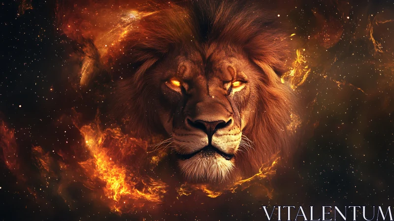 Lion head emerging from fiery cosmic nebula background.