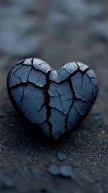 Cracked dark heart object on textured ground surface.
