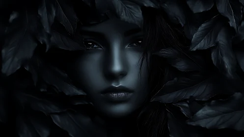 Dark surreal portrait of woman emerging through leaves.