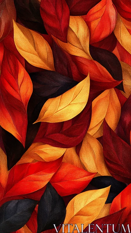Overlapping autumn leaves form dense red and gold pattern