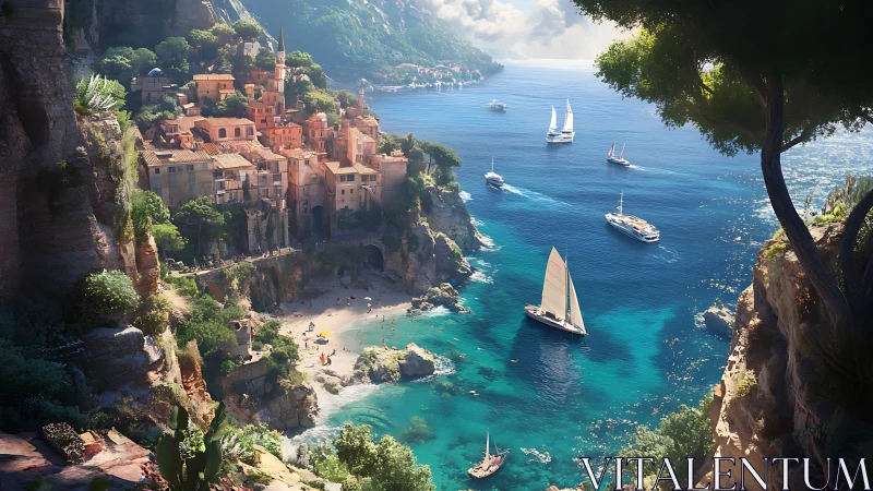 Coastal cliff village with turquoise bay and chartered yachts.