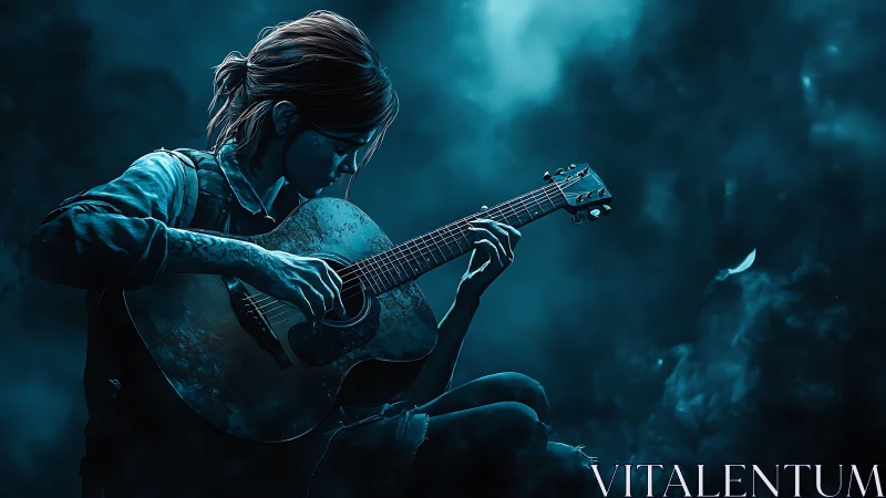 Moody digital portrait of lone girl playing acoustic guitar.