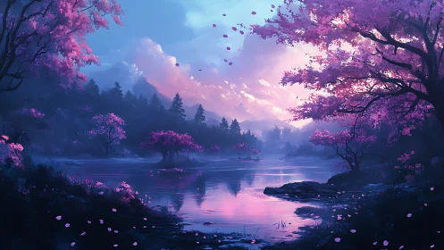 Pink blossom forest lake at sunset with misty mountains.
