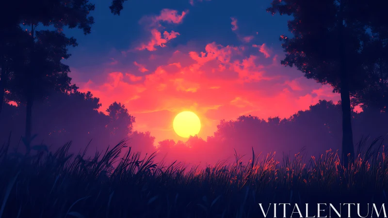 Glow of a dreamy sunset warming a quiet forest meadow.