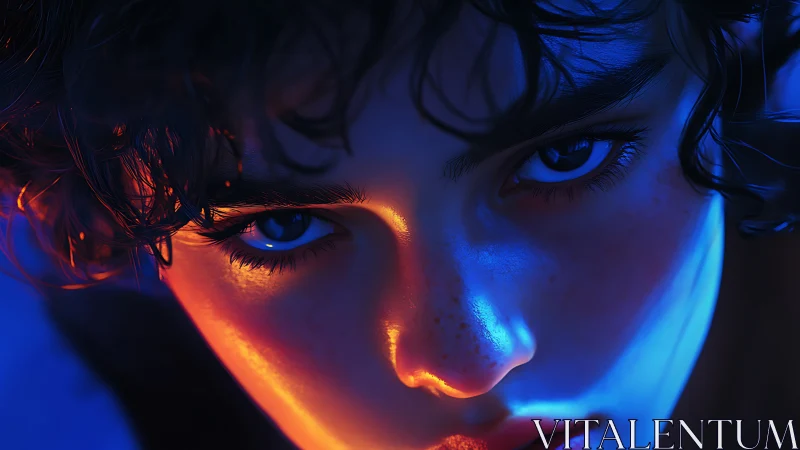 Electric gaze in neon light, a quiet storm of emotion.
