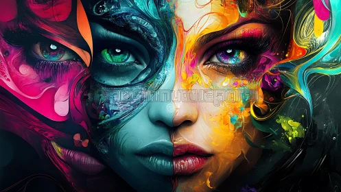 Symmetrical female face rendered with divided chromatic regions