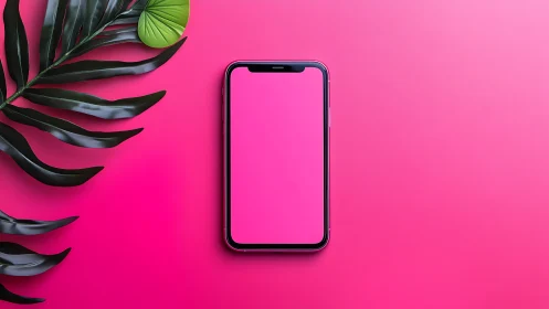 Minimalist smartphone flat-lay composition with botanical fronds against vibrant magenta background 