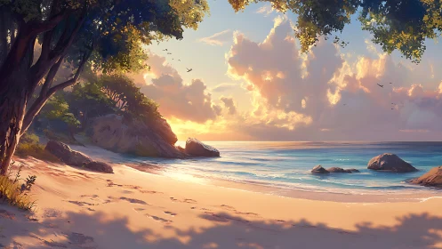 Golden Hour Paradise: Where Ancient Trees Embrace Endless Shores.