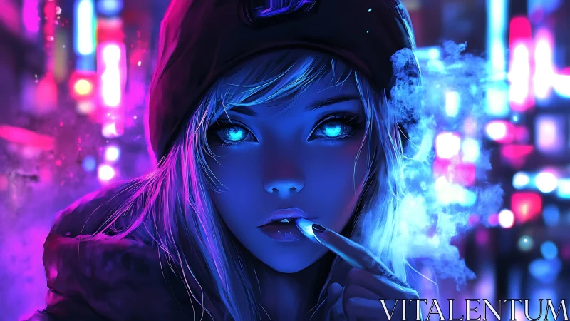 Neon lit anime girl in futuristic city street at night.