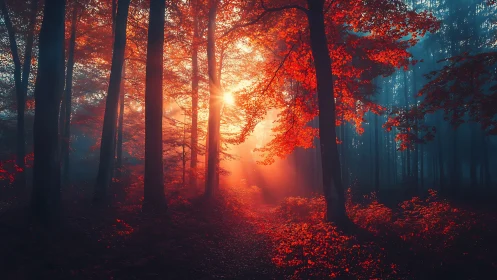 Golden Sunset Illuminates Autumn Forest Pathway