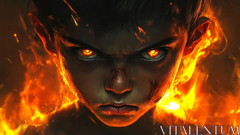 Inferno-eyed prodigy staring down the dark with wild fire.