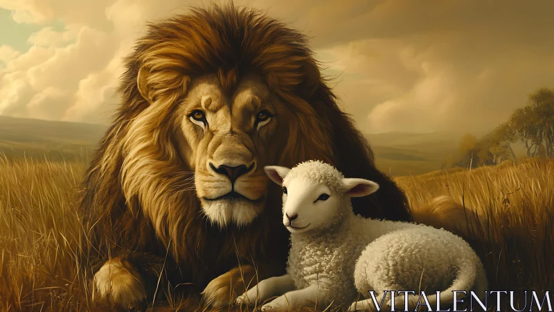 Lion and lamb rest together in a stylized grassland scene