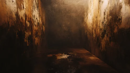 Rust-tinted corridor breathes damp shadows into silence