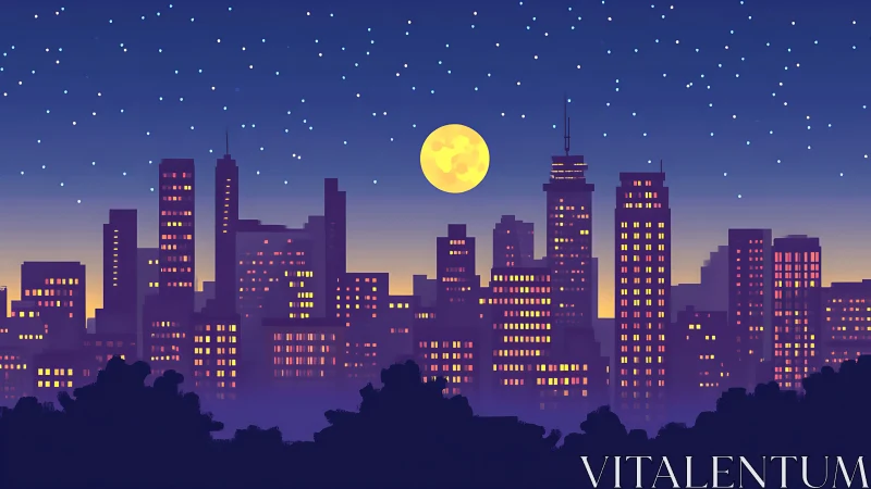 Moonlit city skyline glowing under a dreamy starry night.