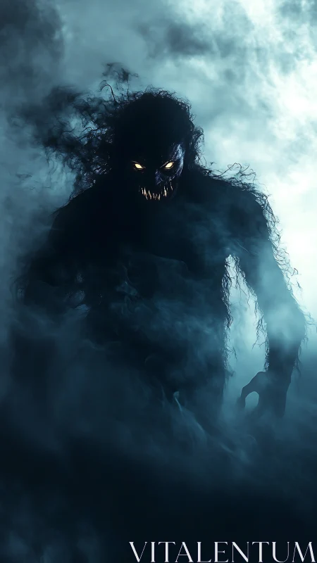 Shadow figure with luminous eyes emerges through dense fog