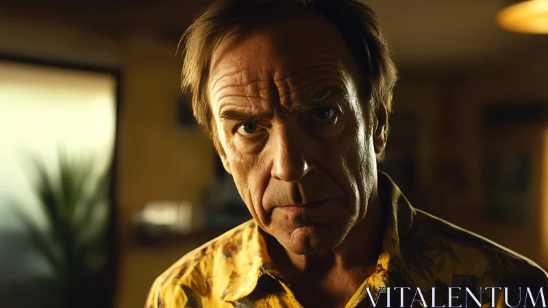 Older man in patterned shirt stares intensely into camera