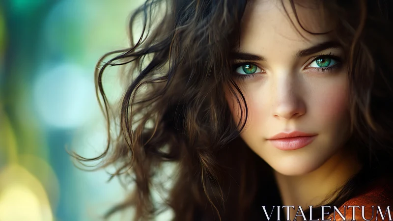 Photorealistic portrait with vivid green eyes and soft bokeh.