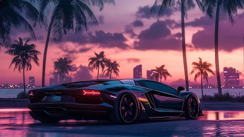 Low sports car by palm-lined waterfront at sunset.