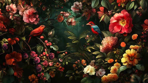 Botanical Garden with Tropical Birds and Vibrant Flowers.