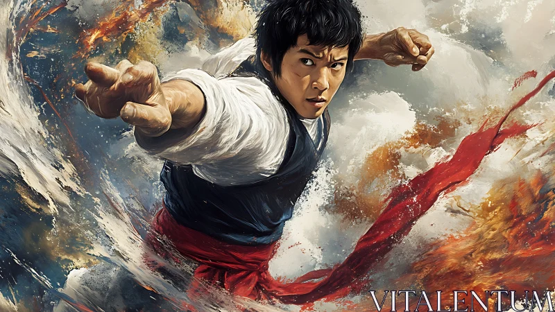 Martial artist in mid-air strike amid abstract energy field.