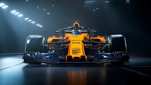 3D studio-lit Formula race car with dramatic frontal symmetry.