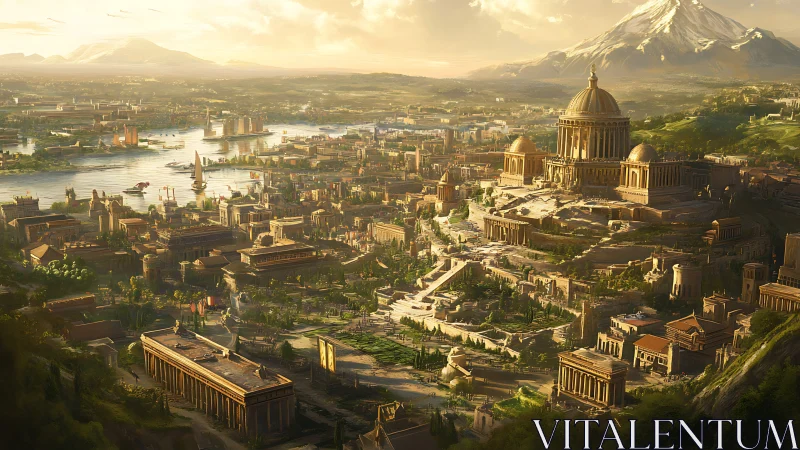 Expansive fantasy city with domed temple and river port.