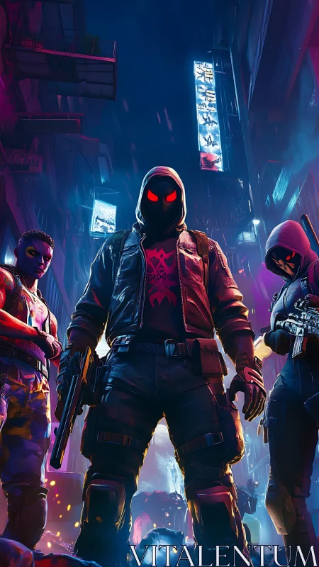 Neon-clad vigilantes prowl a rain-soaked cyberpunk alleyway.