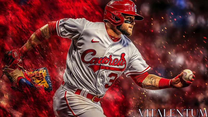 Dynamic baseball runner in red uniform bursting forward.