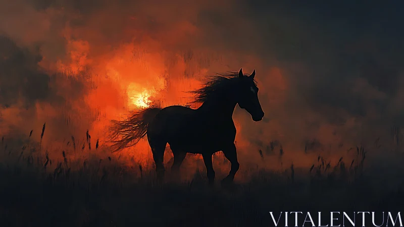 Wild horse framed by a glowing sunset mist on the horizon.